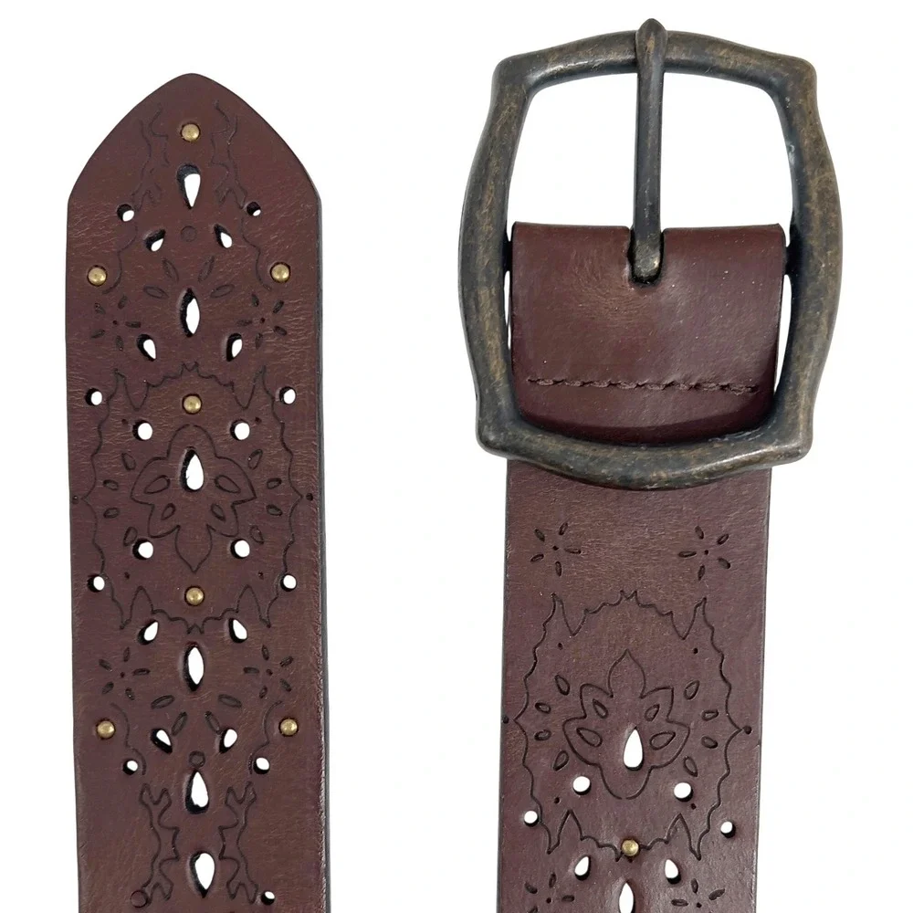 Tooled Leather Belt 44″ Brass‎ Studs Boho Western